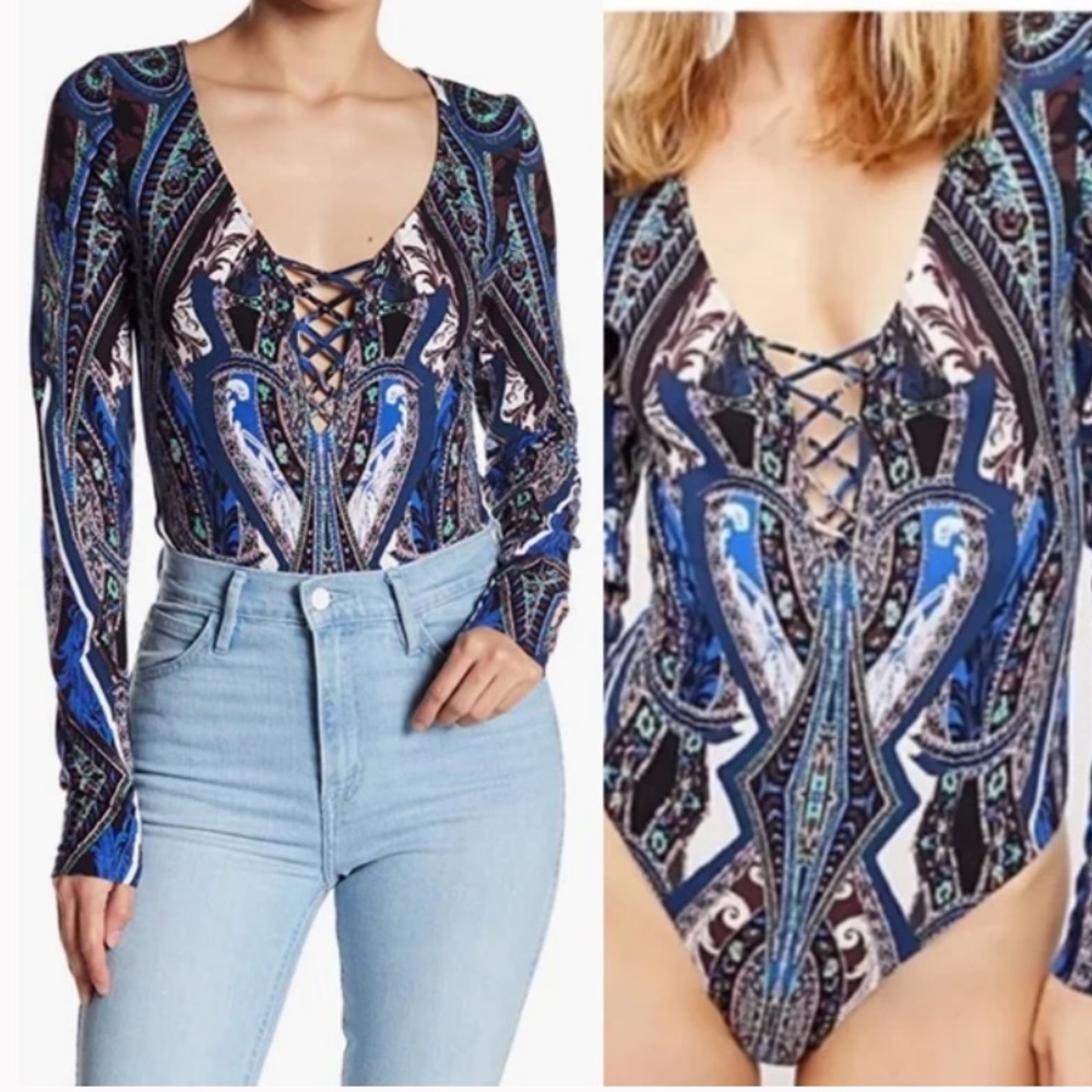 Free People Blue Paisley lace up bodysuit